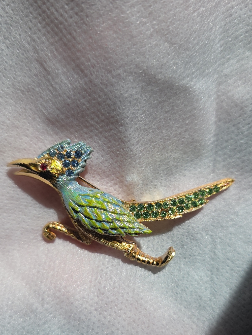 Vintage ULTRA Signed Enamel Roadrunner Bird Brooch Pin Rhinestone Gold Tone